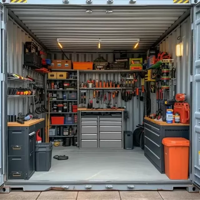 Container 10 feet được bố tr&iacute; l&agrave;m kho lưu trữ dụng cụ v&agrave; vật tư