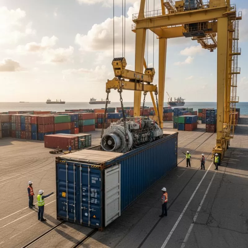 Cần cẩu đưa máy móc vào container Open Top từ phía trên